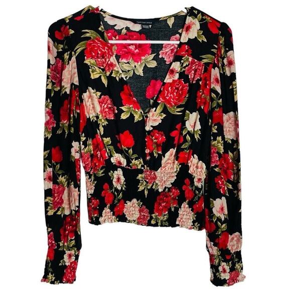 American Eagle Cottagecore Blouse Womens XS Black Floral Smocked Boho Top - Picture 1 of 8